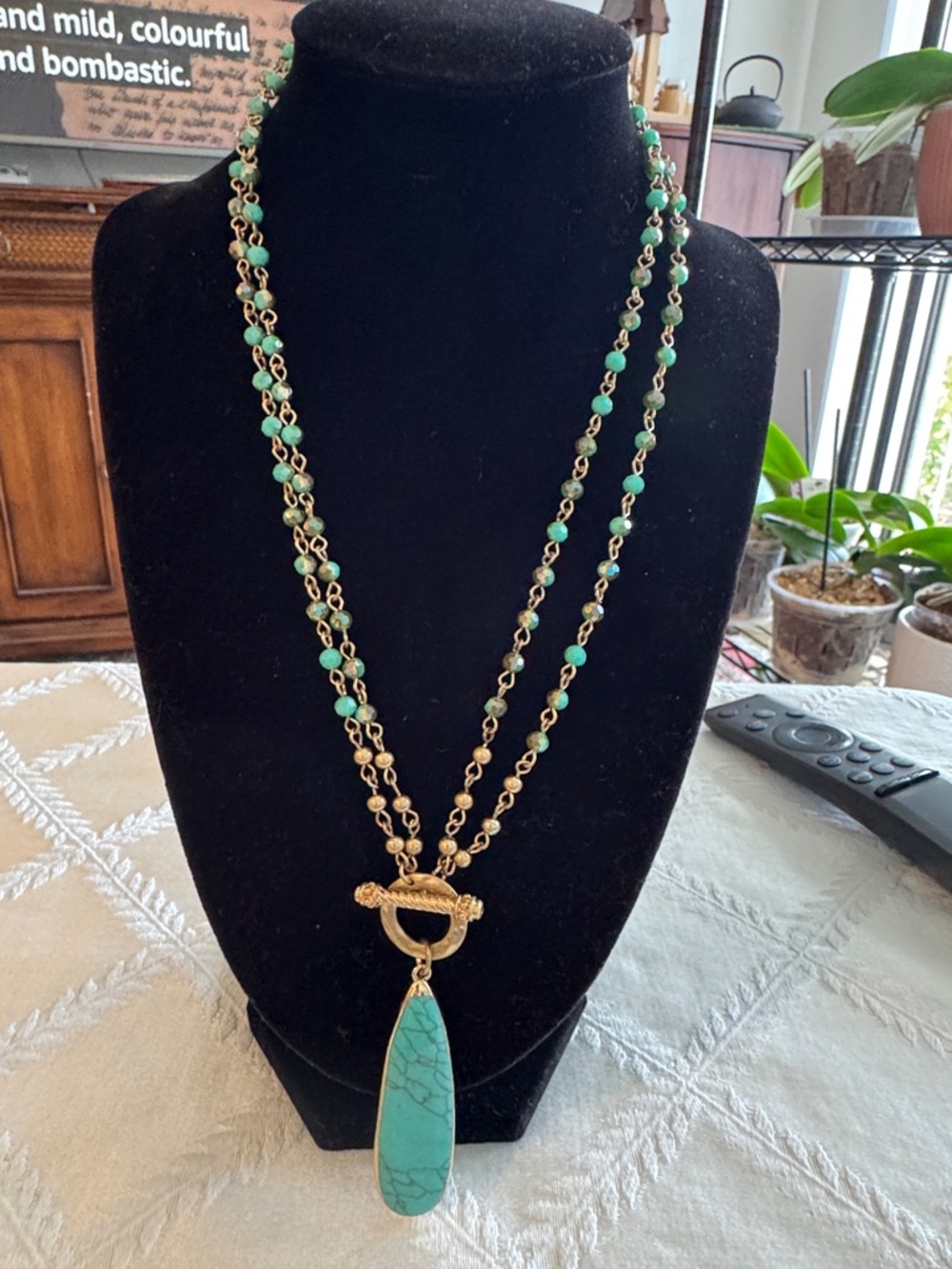 Gold-Tone Necklace with Beads and Teardrop Turquoise Pendant